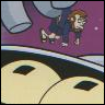A cartoon character with brown hair and a dark jacket stands on a purple background with a large white cylindrical object and two yellow circular shapes with black centers.