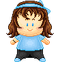 Pixel art character with brown hair, blue headband, light blue shirt, dark pants, and blue shoes in six variations showing eye and mouth expressions.