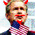 Pixelated static image of a person with red devil horns, mustache, and bow tie against a checkered background.