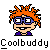 Pixel art icon of a cartoon character with orange spiky hair, blue glasses, and purple shirt against gray background with "Coolbuddy" text below.