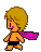 Pixelated character with blonde hair and pink cheeks walks left to right, wearing black shorts and a magenta cape against gray background.