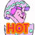 Pixelated cartoon characters with one wearing a mushroom hat and the other in red, both smiling near orange 'HOT' text blocks.