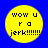 Four identical yellow circular icons on blue background with black pixelated text reading 'wow u ra jerk!!!!!!!' in three lines.