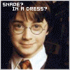 Six show characters from Harry Potter with text overlays questioning if Snape is in a dress, featuring pixelated animation