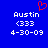 Blue background with white pixelated text reading 'Austin', '(333)', and '4-30-09', and a red pixelated heart symbol above the left text block.