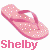 twelve flip-flop icons with polka dots, each labeled 'Shelby' in matching color text below