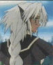 Anime character with white hair and dark horns in a black outfit, shown from multiple angles against a blue sky background.