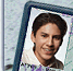 Nine distinct portrait images arranged in a , each within a blue frame with purple floral border, showing varied facial expressions and poses against a light blue patterned background