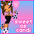 Pixel art contact sheet showing two frames of an animated buddy icon with a cartoon character holding cotton candy and text changing from pink to blue.
