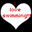 Two white heart-shaped icons with red text reading "i love swimming!!!" on a black background, one slightly larger than the other.