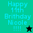 Pixelated birthday message with 'Happy 11th Brithday Nicole !!!!' text and star symbols on teal, dark green, and black backgrounds.