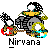 Pixel art of a band member with black hair and white eyes playing red guitar, yellow bass, and blue keyboard under gray background.