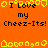 Orange background with black text reading "I Love my Cheez-Its!" surrounded by yellow pixelated shapes, including heart-like and rounded forms.
