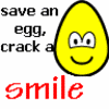 Yellow teardrop-shaped icon with smiling face and text "save an egg, crack a smile" in multiple colors.