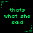 Green pixelated text 'thats what she said' repeated across a black background with small star-shaped elements. The text and stars shift positions between frames. The text is in lowercase with no punctuation. The stars are green and white. The background is solid black. The text is in a pixelated font. The stars are small and scattered. The text is repeated three times in a pattern. The stars are positioned at the corners of the text. The text is in the center of the image. The stars are in the corners of the image. The text is in the center of the image. The stars are in the corners of the image. The text is in the center of the image. The stars are in the corners of the image. The text is in the center of the image. The stars are in the corners of the image. The text is in the center