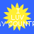 Yellow starburst shape with white text "I LUV COUNTRY" on blue background, repeated in four identical