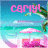Pixelated beach scene with turquoise water, white sand, pink umbrella, and palm tree under pink text reading 'C8MYL'.