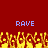 Red background with two blue 'RAVE' texts and yellow-orange pixelated flames below.