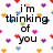 A pixelated image with a white background covered in small colorful hearts, displaying text that reads "i'm thinking of you but are you thinking of me? <3 <3".