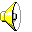 Pixelated speaker icon with yellow checkered pattern and white cone, animated red sound waves on gray background.