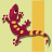Pixelated gecko icon with maroon body, yellow spots, and pink accents on a pale yellow background next to a vertical golden bar.