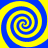Four blue and yellow spiral patterns arranged in a on a yellow background, each spiral rotating clockwise with alternating blue and yellow bands