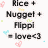 Pixelated text reads "Rice + Nugget + Flippi = love<3" on white background with scattered pastel hearts and squares.