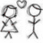 six distinct pixelated images featuring stick figures, hearts, and text elements in various colors