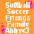 Pixelated orange background with white text listing 'Softball', 'Soccer', 'Friends', 'Family', 'Abby' and a heart symbol, surrounded by pink square outlines.
