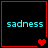 Four identical black squares with red borders each display the word 'sadness' in cyan text and a single red heart symbol below.