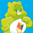 A pixelated Care Bears icon featuring a green bear with a heart emblem on its chest against a blue background, including text elements and animation frame indicators.