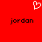 Red background with white pixelated heart symbol above two black text instances of 'jordan' in lowercase.