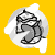 Pixelated grayscale figure in dynamic pose against white and yellow background, appearing to hold or interact with an object.