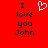 Red background with black text reading "I love you John" on both sides of a white pixelated heart symbol.