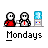 Animated contact sheet of a pixel art buddy icon sequence showing two stick figures interacting with text bubbles and changing poses across 16 frames.