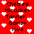 Red background with white pixelated hearts and black text listing names and 'love' in a repeating pattern.