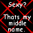 Black background with red diamond-shaped overlay; white pixelated text reads "Sexy? Thats my middle name." repeated in four quadrants