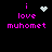 Pixelated icon with pink text 'i love muhomet' on black background, featuring four distinct animated variations of a white pixel-art symbol above the word 'love'.