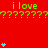 Red background with green 'i love' text and question marks, featuring cyan heart icons in various quantities across the frame.
