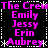 Black background with white dashed border and pink text listing names in two