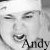 Static grayscale buddy icon featuring a stylized face with prominent eyes and mouth, plus the name "Andy" in handwritten-style text at the bottom right.