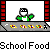 Pixel art animation of a character in green and white clothing behind a gray counter with red pillars, repeating 'School Food' text below.