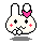 Pixel art bunny with pink bow, black eyes, red cheeks, and white paws in four distinct poses against gray background.