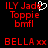 Red pixelated text on black background with two side-by-side views showing 'ILY Jade' above 'Toppie bmfl', and 'BELLA xx' below, one view containing a white heart symbol over the 'Jade' text.