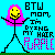 Pixel art stick figure with yellow face and pink hair stands on green ground against cyan background, text reads "BTW MOM. I'M DYING MY HAIR PURPLE".