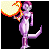 Pixelated character with purple body and pink hair holding a circular object with red and yellow border against black background.