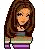 Pixelated cartoon-style animated buddy icon featuring a female character with brown hair and purple clothing, displayed across multiple frames showing different body parts and text elements.