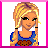 Pixelated character with blonde hair in pigtails wearing blue top, next to yellow background with red text 'Caroline' on pink border.