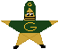 Pixelated character in green and gold uniform with 'G' on helmet, shirt, and chest holding brown football-like object.