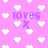 Pixelated pink background with white heart shapes and purple text reading 'loves x' in four locations.